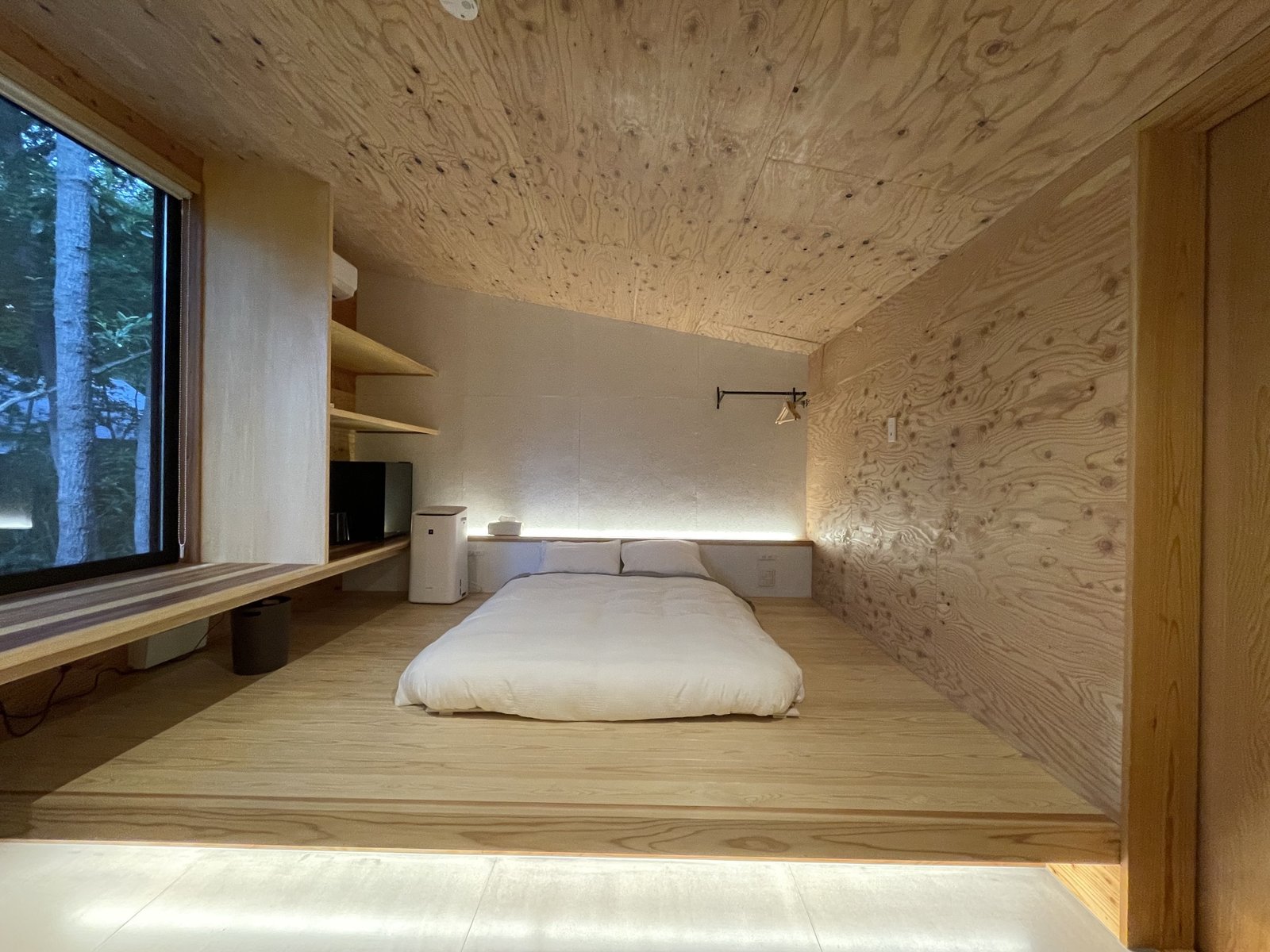 A guest room, with the ceiling following the roof pitch and a raised bed area