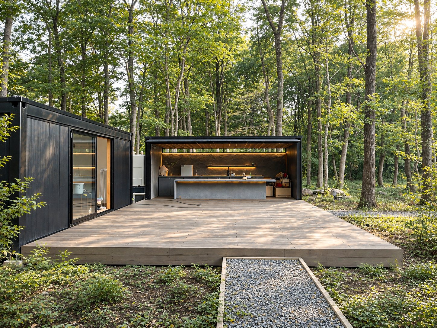 The courtyard deck and the outdoor kitchen