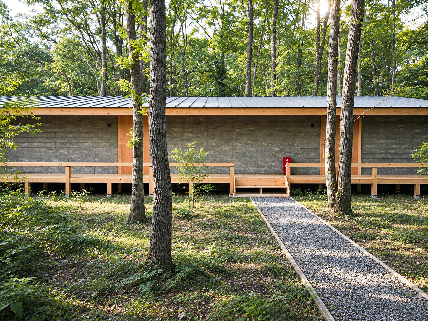 The guest wing standing in the forest, with a gravel path leading to it