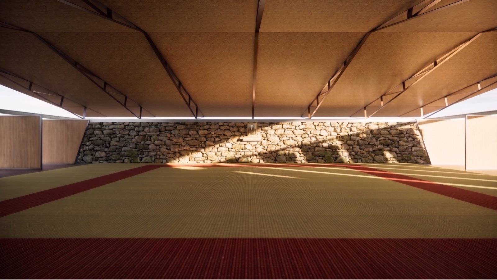 畳の向こうに、野面積みの石の壁と神棚(計画案のパース)