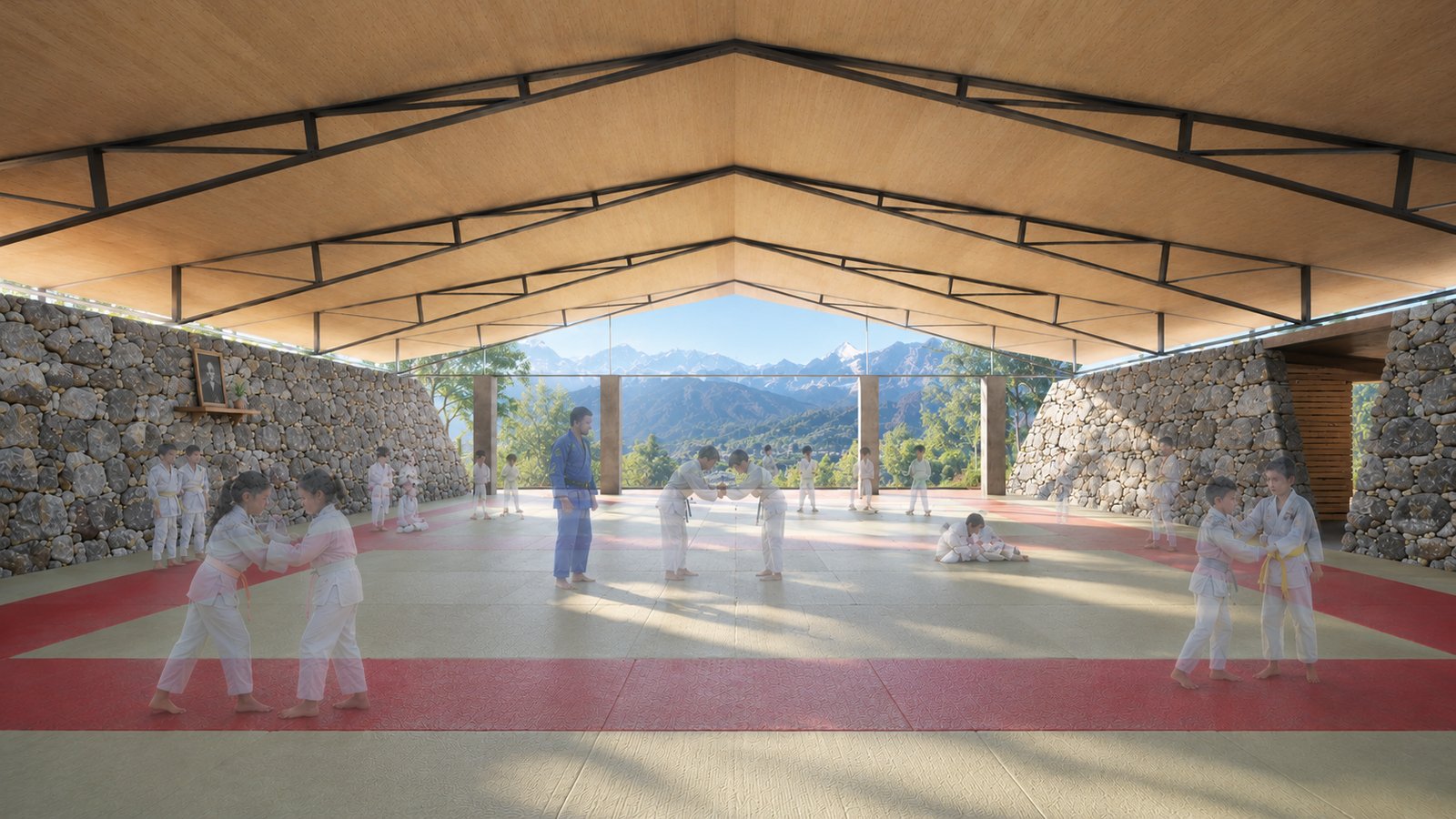 稽古する子どもたち。山並みに向かって大きく開いた道場内部(計画案のパース)